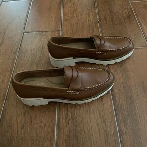 Brown Lug Penny Loafers with White Soles